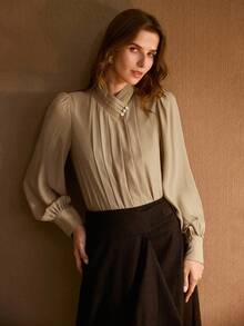 MOTF PREMIUM RUCHED KNIT BUTTON DECOR ELEGANT BLOUSE