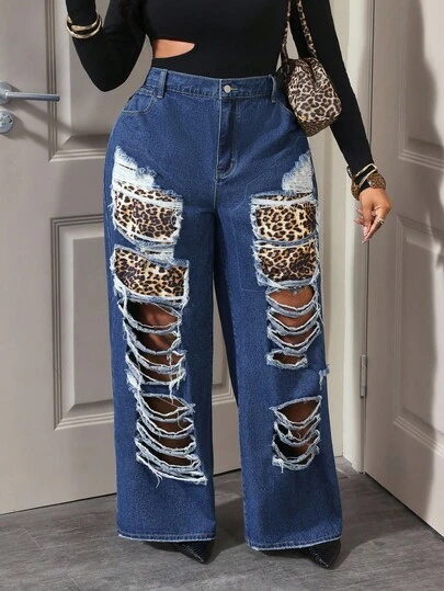 Slaydiva Jeans casuales anchos y sueltos con parches y estampado de leopardo para mujer de talla grande