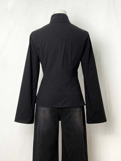 Elamini Black Linen Fabric Open Front Mandarin Collar Button Asymmetrical Hem Long Sleeve Jacket For Women, Autumn/Winter Vintage Chinese Style Elegant Academic Office Design Versatile Daily Wear