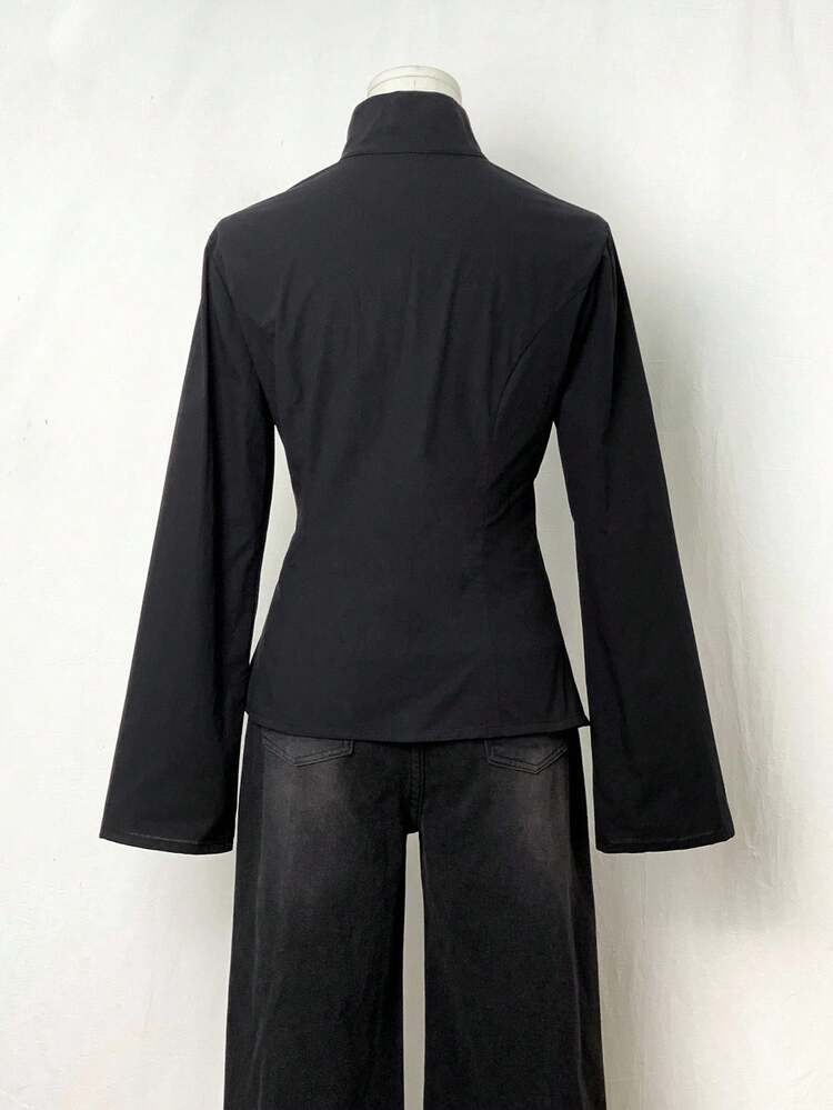 Elamini Black Linen Fabric Open Front Mandarin Collar Button Asymmetrical Hem Long Sleeve Jacket For Women, Autumn/Winter Vintage Chinese Style Elegant Academic Office Design Versatile Daily Wear - Black - View 2