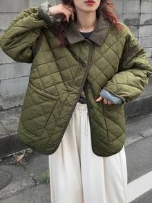 FRIFUL Women's Padded Coat, Contrast Color Collar, Diamond Pattern, Patch Pockets, Loose Casual, Suitable For Women In Autumn Jacket - Green - View 5