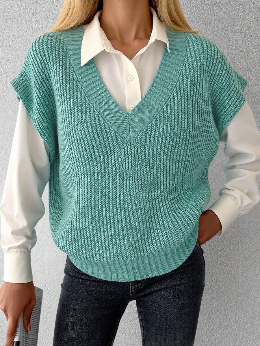 SHEIN Cottnline Solid Color V-neck Knit Vest Without Shirt Inside - Cadet Blue - View 1