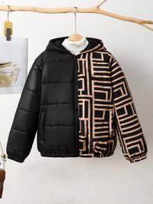 SHEIN Tween 女童宽松休闲简约舒适立领拼接撞色加厚棉服外套，秋冬 - 黑色 - 查看 4