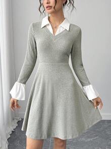 少女 V 领罗纹羊毛罗纹长袖 A 字修身休闲连衣裙，适合外出和聚会，简约风格 - 灰色 - 查看 1