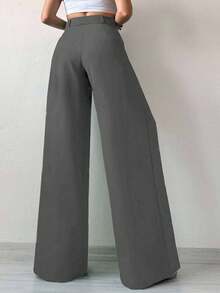 SHEIN Tall 女款純色寬腿西裝褲，適合高個女性 - 灰色 - 查看 2