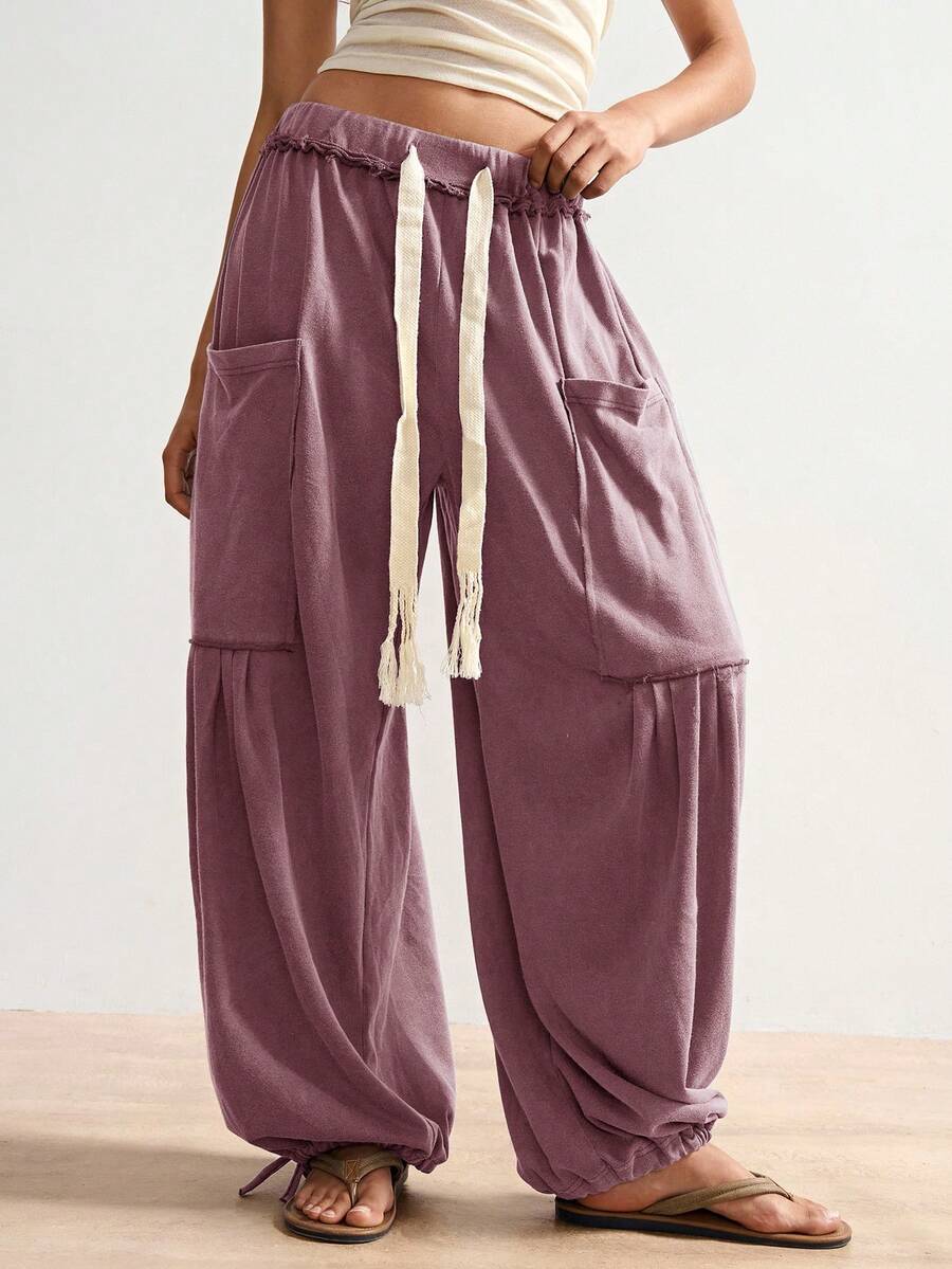 Bohemela Boho Solid Color Knit Loose Women's Pants, Casual Holiday