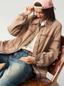 Bohemela 波西米亚风休闲纯色梭织宽松长袖女式夹克，秋季 - 棕色 - 查看 6