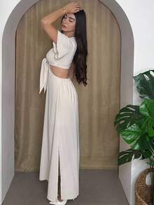Andrea Bello Vestido largo estilo maxi para verano con escote en V profundo, cierre delantero, abertura en la cintura y bajo con abertura - Beis - Ver 5