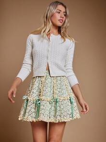 WESTFADE Floral Lace Contrast Lining High Waist Tiered Ruffle Bow Trim Mini Skirt Fall, Autumn, Winter, Western Wear For Women - Apricot - View 1