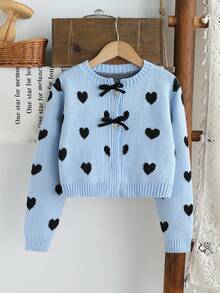 Sparklyn Girls' Heart Pattern Handmade Bow Knitted Long Sleeve Sweater Bow Clothes Bows Shirt Cute Tops Teen Cute Clothes Cardigan Young Girls Black And Blue Blue Heart Sweater Heart Cardigan Bow Sweater Cute Cropped Cardigan - Baby Blue - View 3