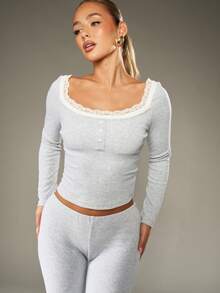 MISSGUIDED Cotton Ribbed Double Layer Square Neck Top With Delicate Lace Trim Long Sleeve Fitted Design Perfect For Layering Casual Wear Fall Winter Basics Collection - Grey - View 1