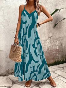 SHEIN Tall Váy suông dáng chữ A in hoa dành cho nữ, phù hợp mặc đi nghỉ và mặc hàng ngày - Màu xanh ngọc - Xem 6