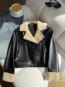 SHEIN 青少年女孩休闲街头赛车手摩托车 PU 皮夹克，保暖衬里，适合搭配皮裤、长裤、迷你裙、连衣裙