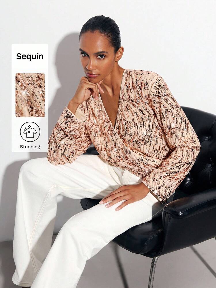 SHEIN Maija Khaki Sequin V-Neck Fitted Long Sleeve Women Top, Suitable For Party, Urban Chic, Festive Gathering,Fall For Women,Chic Top,Halloween Costumes,Christmas, Sequin Top Saudi National Day Party Old Money Elegant Women's Blouses Party Top Thanksgiving For Women Party