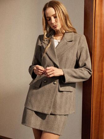 Écloséra 2 件套女式千鸟格印花西装外套和迷你裙套装，适合秋冬日常穿着