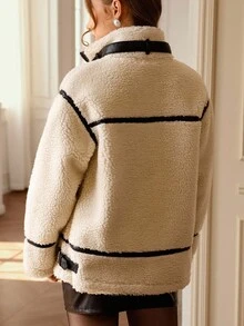 GENKIRA 复古时尚百搭拉链领修身仿羊毛撞色饰边休闲女式夹克外套 - 白色 - 查看 2