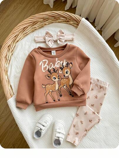 Babygirl Cute Cartoon Pattern Knit Long Sleeve Sweatshirt And Pants Set, Autumn/Winter Cozy Pixies Baby Girl Set Baby Set Autumn Winter Season Mocha Baby Clothes Baby Girl Autumn Clothes Baby Girls Brown Set