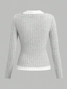 SHEIN Girlism 少女拼色拼接二合一设计 T 恤，修身廓形，休闲风格灰色长袖多层衬衫，冬季、Y2K、街头服饰 - 淺灰色 - 查看 2