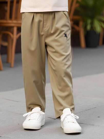 Playful Pals 幼儿男童驼色马匹印花松紧腰口袋休闲裤，适合户外玩耍或舒适的家居穿着，百搭秋季