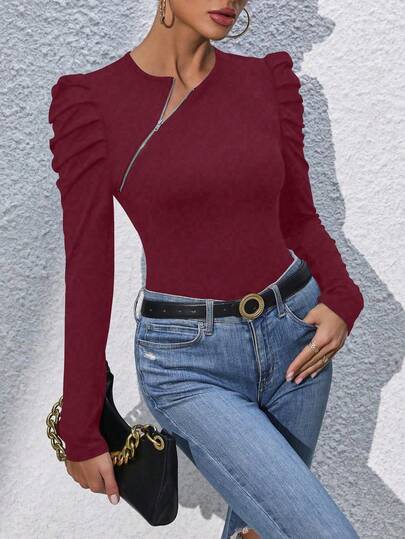 EMERY ROSE Women's Solid Color Zipper Design Gigot Sleeve Fitted Fashion T-Shirt