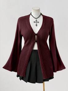 Sunspun 大码女式波西米亚风格纽扣前针织开衫，适合所有季节，是度假装的理想选择 - 酒紅色 - 查看 1