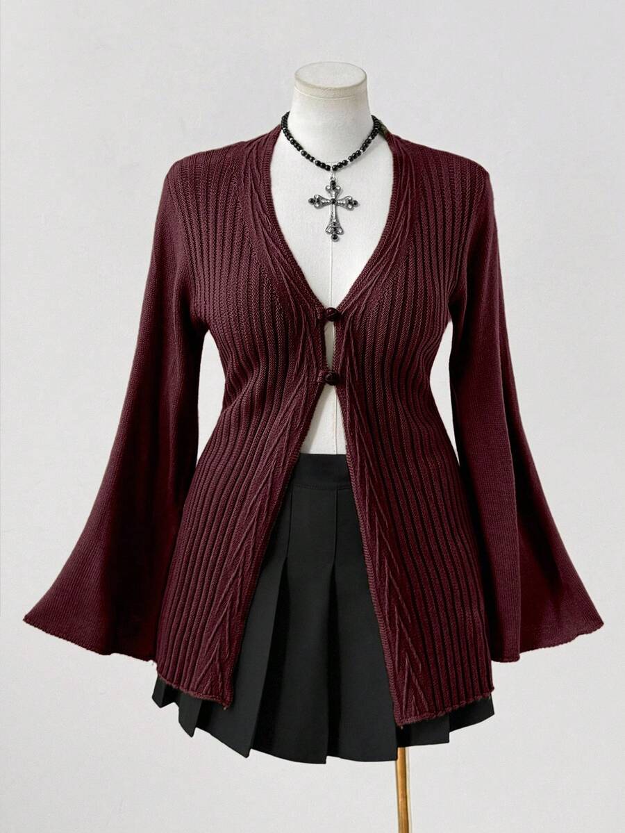 Sunspun 大码女式波西米亚风格纽扣前针织开衫，适合所有季节，是度假装的理想选择 - 酒紅色 - 查看 1