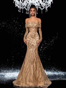 Glamrae 女士礼服和晚礼服，秋季连衣裙 - 香檳色 - 查看 2