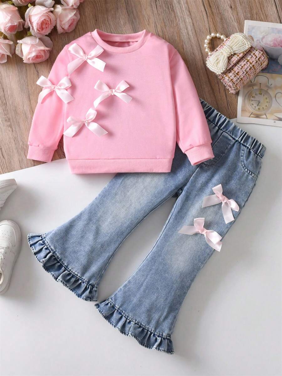 SHEIN 女童春秋长袖蝴蝶结卫衣和喇叭牛仔裤套装 - 粉色 - 查看 1