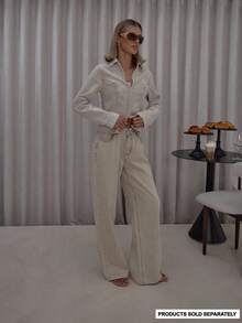 MUSERA Contrast Stitch Wide Leg Washed Tie Waist Denim Jeans Streetwear Cute Classy Casual Sexy Going Out Toffee  Chic Spring Summer - Khaki - View 1