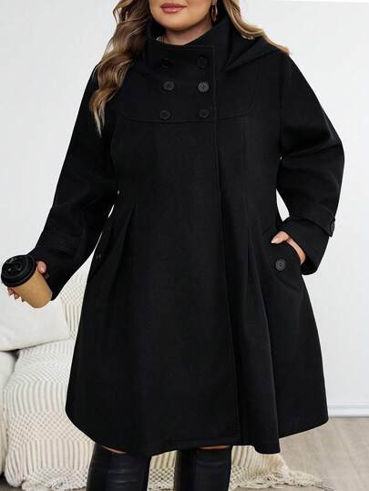 SHEIN CURVE+ Abrigo con capucha negro de talle ceñido y corte evasé para mujer talla grande, estilo casual para otoño/invierno