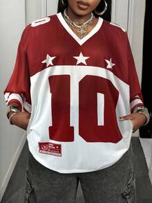 SHEIN CURVE+ Plus Size Women's Spring/Summer Streetwear Couple's Casual V-Neck Off Shoulder Letter Print Plus Size Casual Sports T-Shirt - Red - View 5