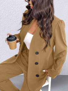 Elenzga 大码时尚商务双排扣西装套装（夹克和裤子） - 卡其色 - 查看 4