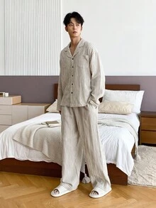DAZY Men's Striped Matching Shirt And Pants Loungewear Set, Autumn Pajama Fall Winter Clothes