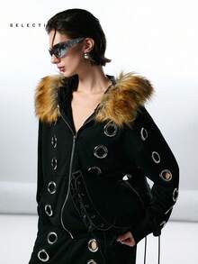 LYSMO 女式休闲落肩孔眼设计连帽夹克，秋冬 - 黑色 - 查看 4