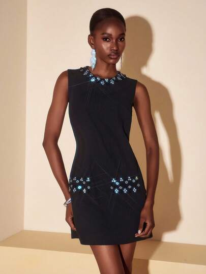 Zivah 2025 春季新品 音乐节、复活节、圣帕特里克节、西部风、游牧风、生日派对、毕业典礼、学院风、学生风、日常休闲、基本百搭、休闲、度假、邮轮旅行、海滩、日光浴、病毒式传播、街头服饰、婚礼宾客波西米亚风、通勤、早午餐、机场、派对、节日场合 女式无袖圆领短款迷你串珠荷叶边口袋 A 字连衣裙，黑色迷你连衣裙