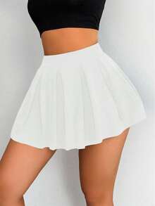 SHEIN PETITE 女士纯色休闲运动百褶返校网球裙，校园装 - 白色 - 查看 4