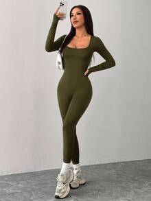 SHEIN PETITE Mono deportivo casual de punto negro con cuello cuadrado y ajustado para yoga - Verde militar - Ver 3