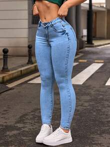 SHEIN PETITE 女士口袋休闲百搭牛仔裤 - 藍色 - 查看 1