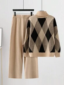Linhara Conjunto de 2 piezas para mujer talla grande: Suéter de punto con cuello de cuadros romboidales + Pantalones - Multicolor - Ver 2