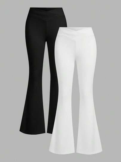 SHEIN EZwear مجموعة سروال ضيق بتصميم خصر متقاطع أبيض وأسود للنساء، مناسب للخريف/الشتاء