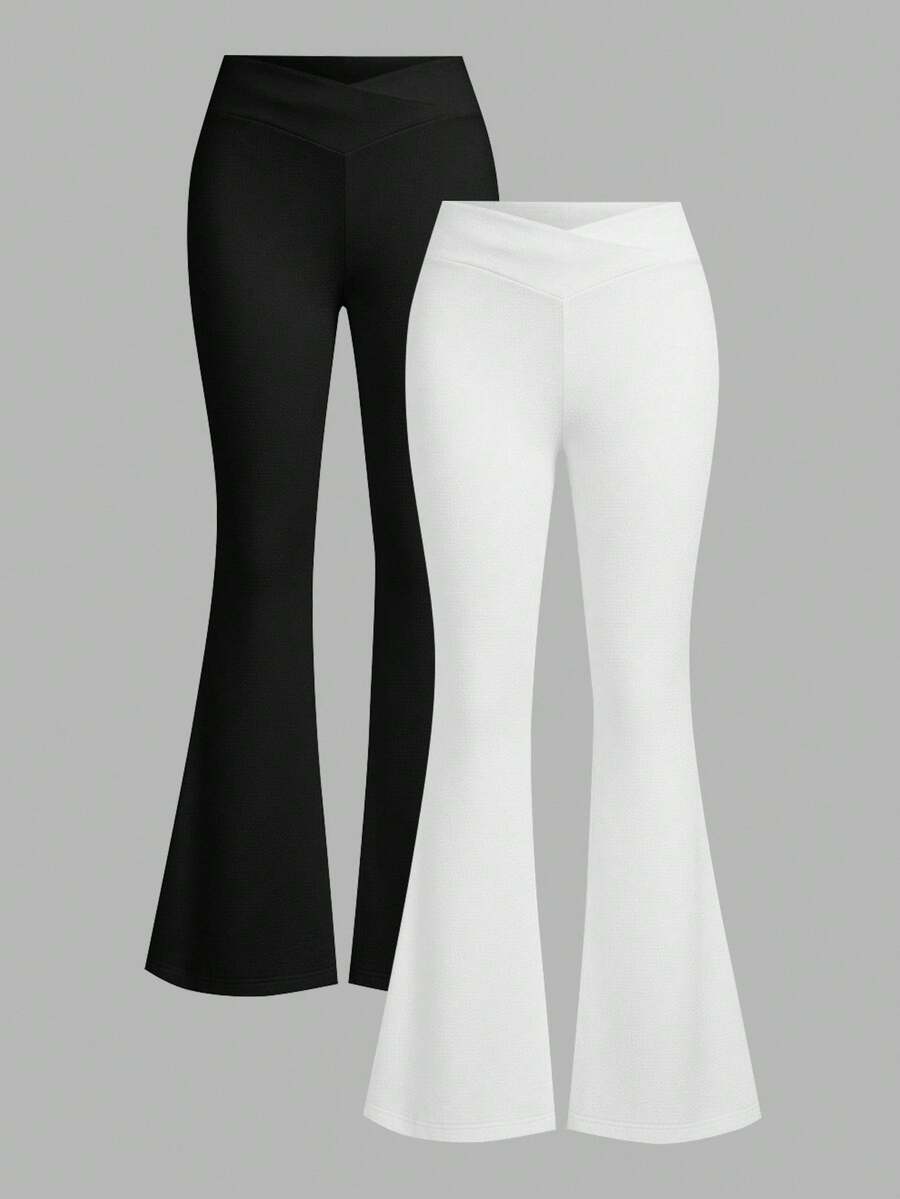 SHEIN EZwear 2 件套女士交叉腰带设计黑白紧身喇叭裤套装，适合秋冬季 - 黑與白 - 查看 1