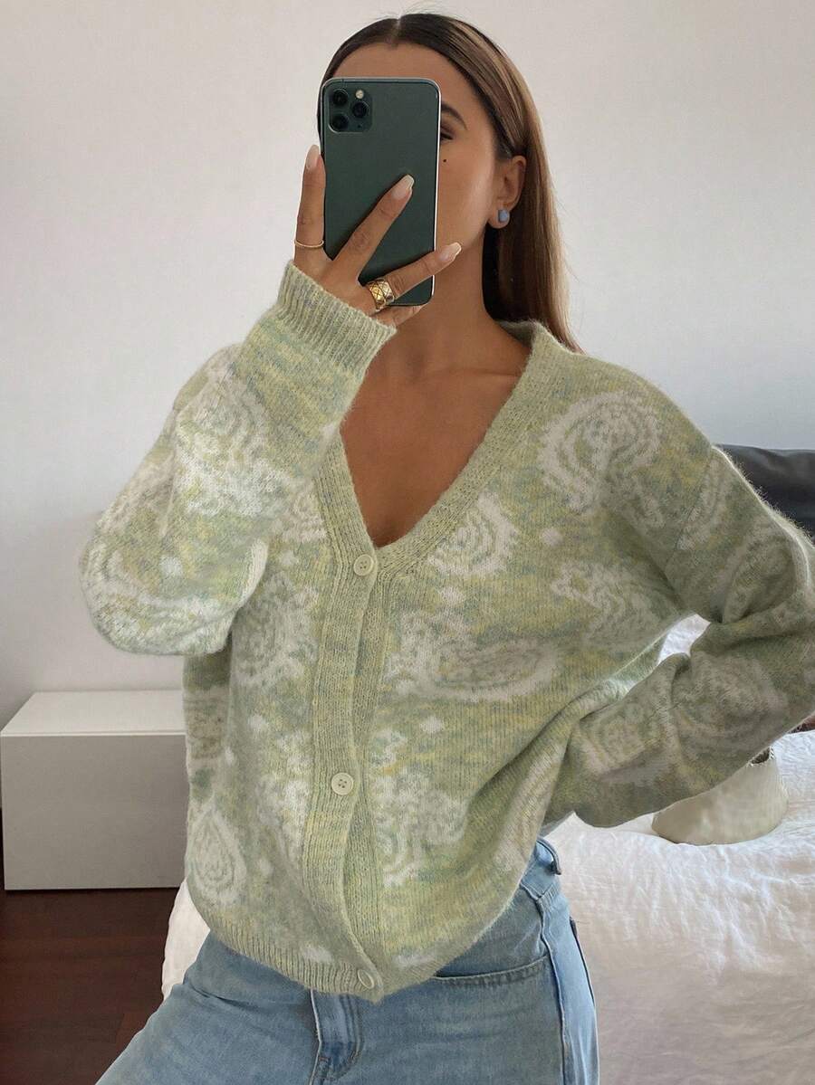 Livesso Women's Autumn Cashew Flower Ombre Cardigan