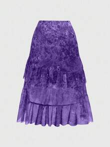 ROMWE Hippie 波西米亚风荷叶边分层腰果印花女士时尚半身裙 - 紫色 - 查看 4