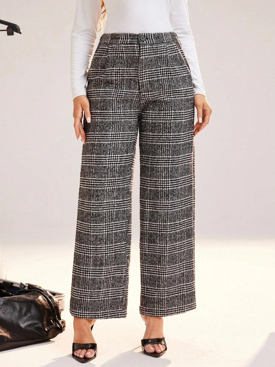 SHEIN Unity Quần ống rộng cạp chun cài nút họa tiết răng sói cho nữ - Xám - Xem 1