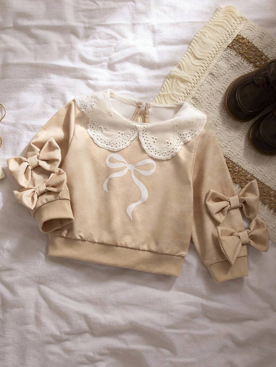 SHEIN 女婴秋冬时尚3D蝴蝶结彼得潘领卫衣 - 杏色 - 查看 1