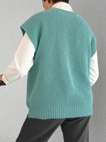 SHEIN Cottnline Solid Color V-neck Knit Vest Without Shirt Inside - Cadet Blue - View 2