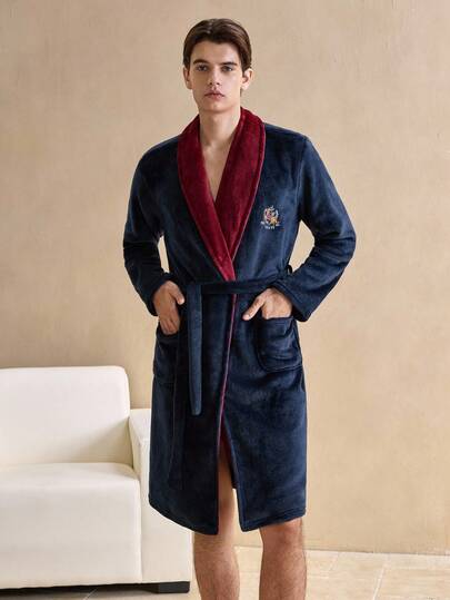 Bata de hombre con cuello de chal, contraste de color, bordado, cinturón, parches y bolsillos, para otoño e invierno, esponjosa y cálida