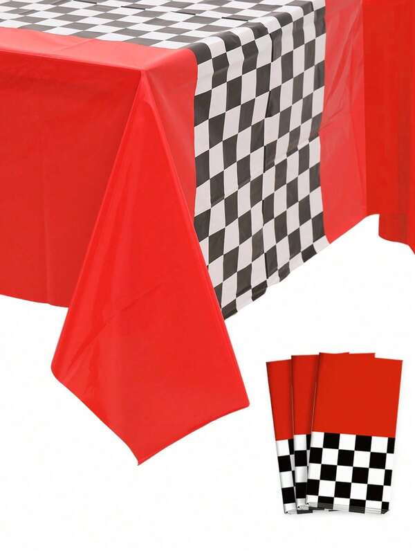 3pcs Racing Car Themed Tablecloth, Red Background Black And White Checkered Rectangular Racing Track PE Table Cover, Game Sport Events Race Car Theme Birthday Party Decor Party Supplies,Racing Birthday Party Decoration,Home Decor Table Decor
