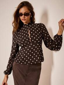 COSMINA 女式波尔卡圆点印花中式领长袖镂空设计时尚衬衫 - 彩色 - 查看 3