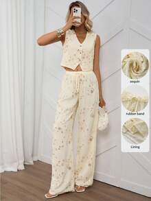 SHEIN LUNE 女士花卉亮片系带阔腿宽松时尚裤，适合秋季、冬季、万圣节、新年等场合，也可作为派对、婚礼宾客亮片裤、闪亮裤或金色裤子穿着。 - 杏色 - 查看 5